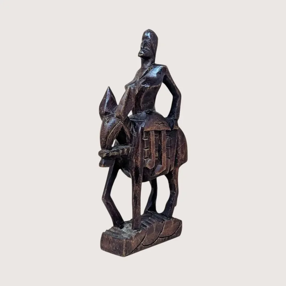 Vintage African Hand Carved Wood Woman on Horse Figurine